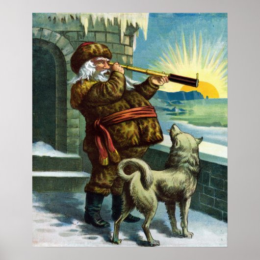 ビンテージクリスマスサンタクロース望遠鏡ドッグサンセット ポスター (正面)