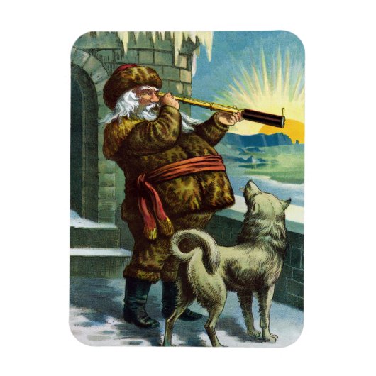 ビンテージクリスマスサンタクロース望遠鏡ドッグサンセット マグネット (縦)