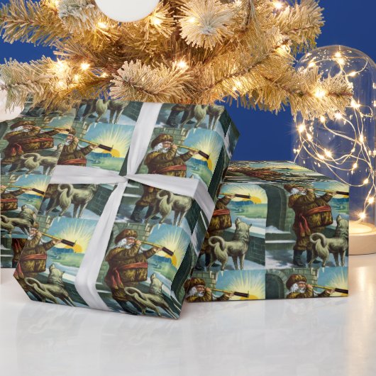 ビンテージクリスマスサンタクロース望遠鏡ドッグサンセット ラッピングペーパー (クリスマス)
