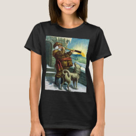 ビンテージクリスマスサンタクロース望遠鏡ドッグサンセット Tシャツ