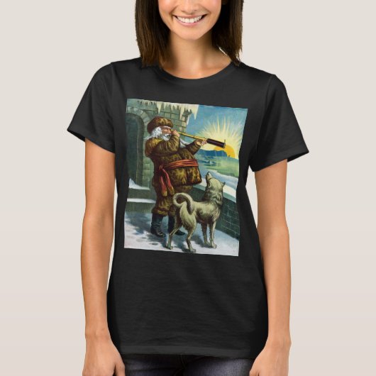 ビンテージクリスマスサンタクロース望遠鏡ドッグサンセット Tシャツ (正面)