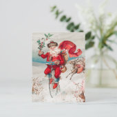 ビンテージクリスマスサンタクロース自転車トナカイ ポストカード (スタンド正面)