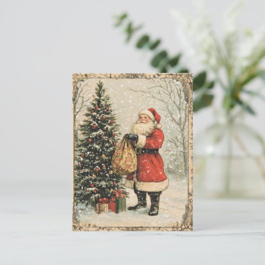 ビンテージクリスマスサンタクロース、雪と木 シーズンポストカード (スタンド正面)