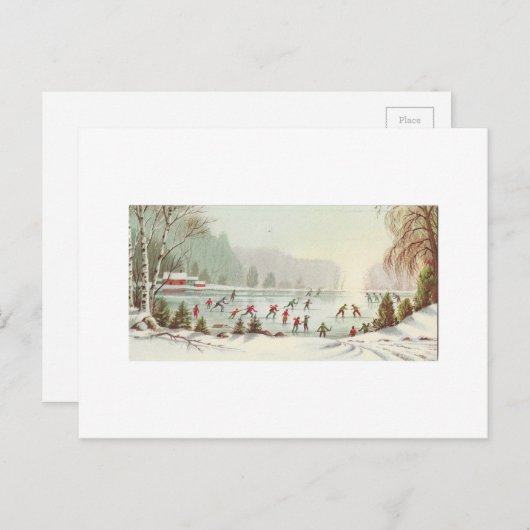 ビンテージクリスマススケートで滑るオンポンド シーズンポストカード (正面/裏面)