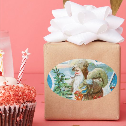 ビンテージクリスマススノーサンタ 楕円形シール (パーティー)