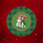 ビンテージクリスマスチルドレンオングリーンプレイド ラウンドシール