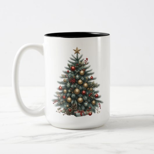 ビンテージクリスマスツリーオールドファッションドスタイルデザイン ツートーンマグカップ (左)