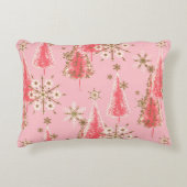 ビンテージクリスマスツリーピンクと金ゴールドパターン アクセントクッション (正面)
