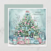ビンテージクリスマスツリープレゼントブルーピンク シーズンカード (正面/裏面)