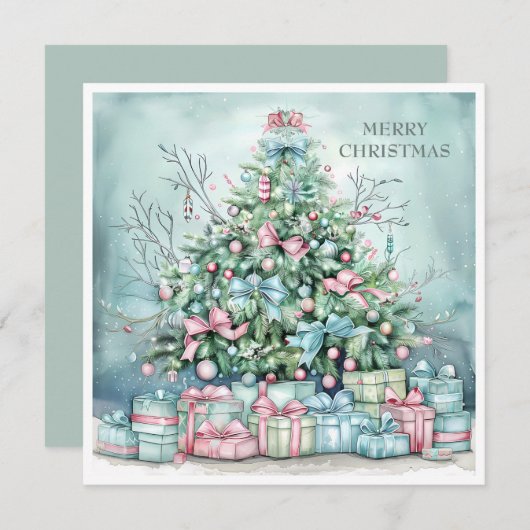 ビンテージクリスマスツリープレゼントブルーピンク シーズンカード (正面/裏面)