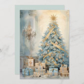 ビンテージクリスマスツリープレゼントブルー金ゴールド シーズンカード (正面/裏面)