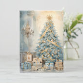 ビンテージクリスマスツリープレゼントブルー金ゴールド シーズンカード (スタンド正面)