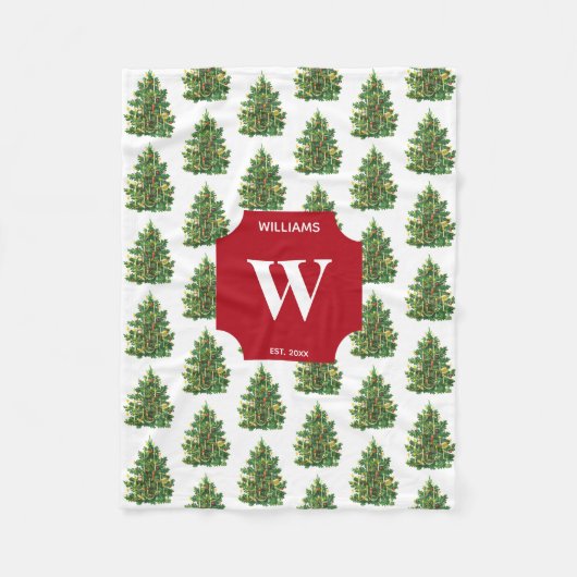 ビンテージクリスマスツリーホリデモノグラムのー フリースブランケット (正面)