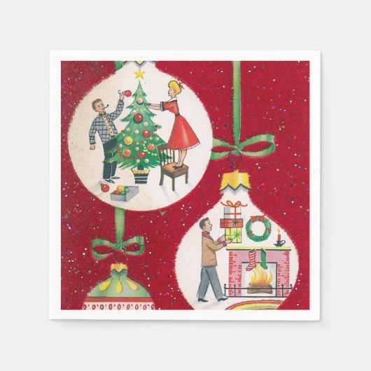 ビンテージクリスマスツリー飾のパーティーナプキン スタンダードカクテルナプキン (正面)