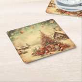 ビンテージクリスマスツリー スクエアペーパーコースター (アングル)