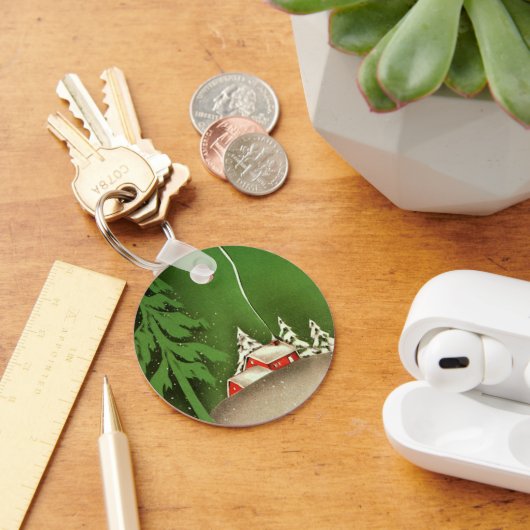 ビンテージクリスマスハウスインフォレスト冬の雪 キーホルダー (デスク)