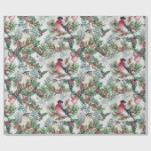 ビンテージクリスマスバードとパインフラワーパターン ラッピングペーパー (フラット)