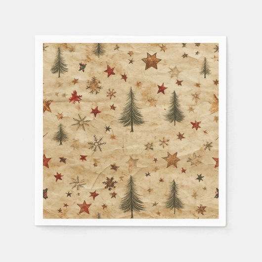 ビンテージクリスマスパインツリーズパーチメントデクページ スタンダードカクテルナプキン (正面)