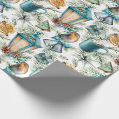 ビンテージクリスマスパターンインティール(緑がかった色)、アイボリー、タン ラッピングペーパー (角)