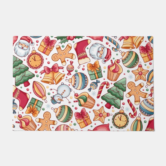 ビンテージクリスマスパターン、新年おめでとう ドアマット (正面)