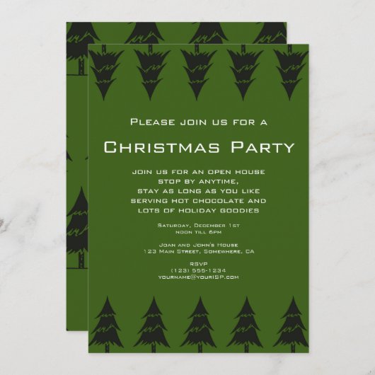 ビンテージクリスマスパーティー、森の緑の木 招待状 (正面/裏面)