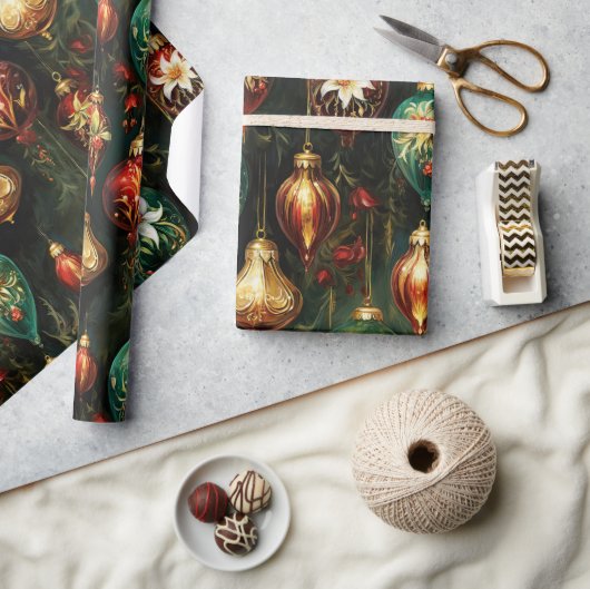 ビンテージクリスマスファンタジーフローラオーナメントパターン ラッピングペーパー (クラフト)