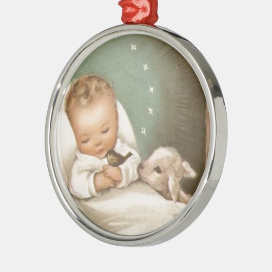 ビンテージクリスマスベビーと子羊 メタルオーナメント (左)