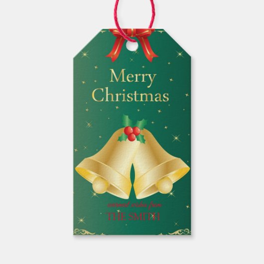 ビンテージクリスマスベルと赤いリボン ギフトタグ (正面)