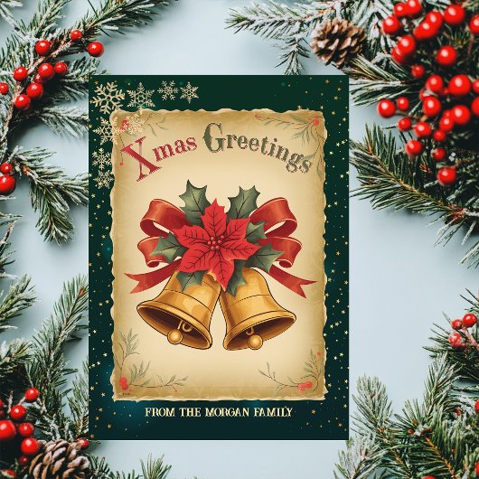 ビンテージクリスマスベルズグリーンホリデーカード シーズンカード