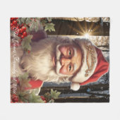 ビンテージクリスマスホリデーサンタクロースのウッドランド フリースブランケット (正面(横))