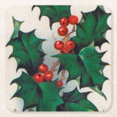 ビンテージクリスマスホリーベリーパーティー スクエアペーパーコースター (正面)