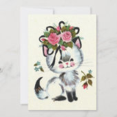 ビンテージクリスマスホワイトキャットインピンクフローラホリデー シーズンカード (正面)