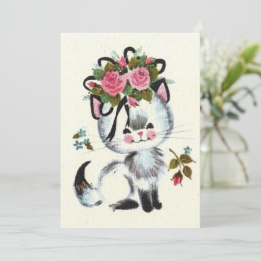 ビンテージクリスマスホワイトキャットインピンクフローラホリデー シーズンカード (スタンド正面)