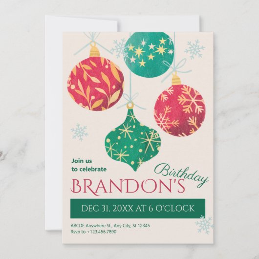 ビンテージクリスマスボール誕生日 招待状 (正面)