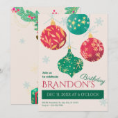 ビンテージクリスマスボール誕生日 招待状 (正面/裏面)