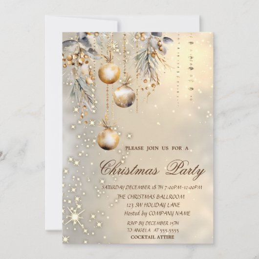 ビンテージクリスマスボール金ゴールドクリスマスパーティー 招待状 (正面)