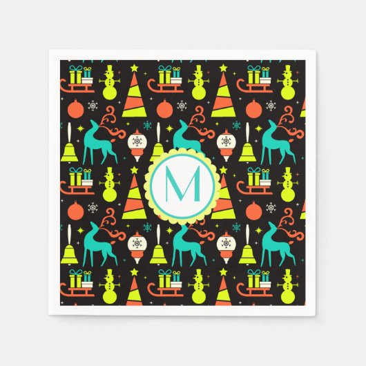 ビンテージクリスマスミッドセンチュリーレトロナプキン スタンダードカクテルナプキン (正面)