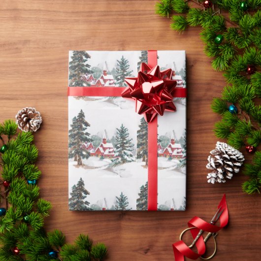 ビンテージクリスマスレッドチャーチパインツリーズスノー ラッピングペーパー (クリスマスギフト)
