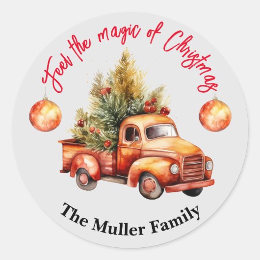 ビンテージクリスマスレッドトラックの水色 ラウンドシール (正面)