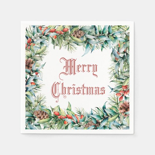 ビンテージクリスマス冬の葉と果実 スタンダードカクテルナプキン (正面)