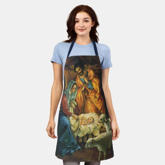 ビンテージクリスマス出生、マンガーのベビーイエス エプロン (着用した状態)