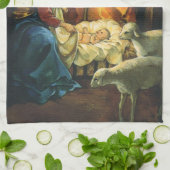 ビンテージクリスマス出生、マンガーのベビーイエス キッチンタオル (折り畳み)