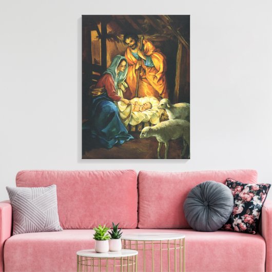 ビンテージクリスマス出生、マンガーのベビーイエス キャンバスプリント (インサイチュ (リビング))