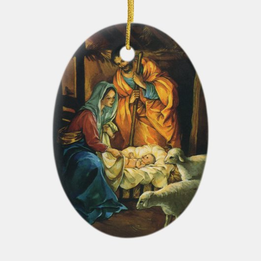 ビンテージクリスマス出生、マンガーのベビーイエス セラミックオーナメント (正面)