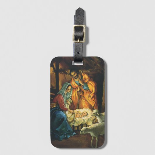 ビンテージクリスマス出生、マンガーのベビーイエス ラゲッジタグ (正面縦)