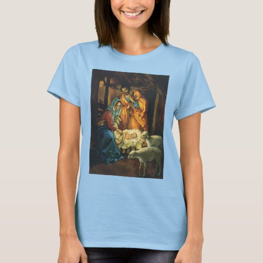 ビンテージクリスマス出生、マンガーのベビーイエス Tシャツ (正面)