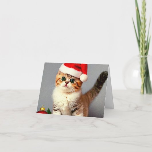 ビンテージクリスマス子猫サンタ帽 サンキューカード (正面)
