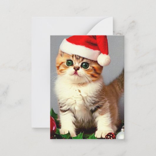 ビンテージクリスマス子猫サンタ帽 ノートカード (正面)