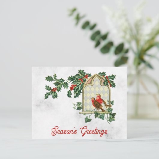 ビンテージクリスマス季節のごあいさつホリーバード ポストカード (スタンド正面)