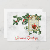 ビンテージクリスマス季節のごあいさつホリーバード ポストカード (正面/裏面)